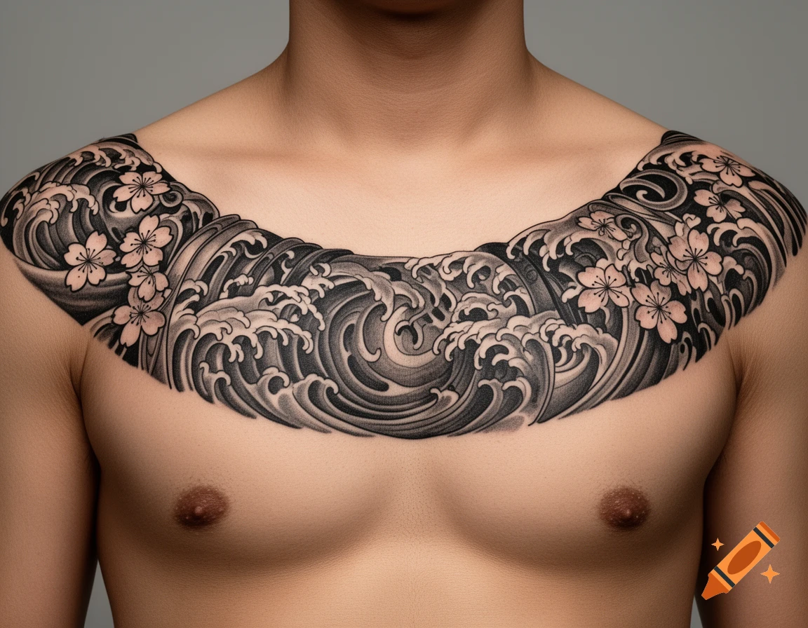 A close-up of a person's chest and shoulders with an intricate Japanese-style tattoo of dark waves and pink cherry blossoms.