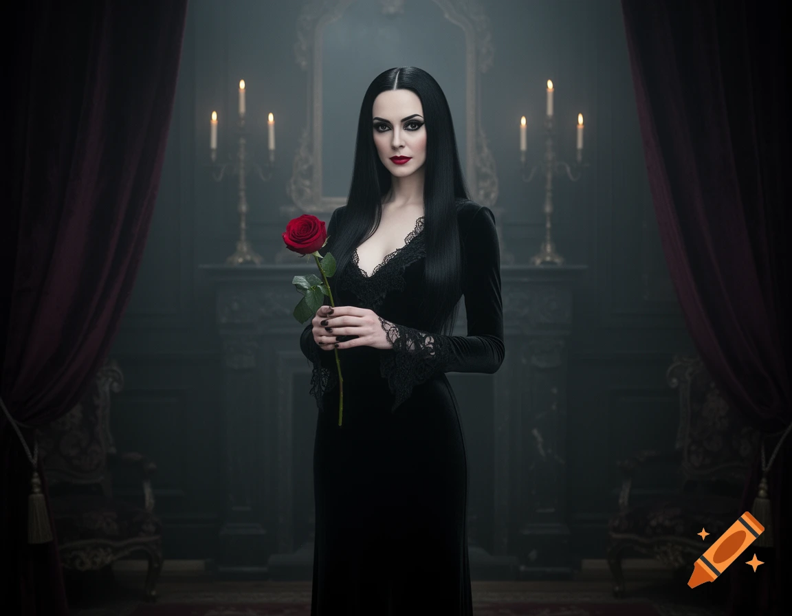 A woman with long black hair and pale skin, dressed in a black velvet gown, holds a red rose in a dimly lit, gothic room.