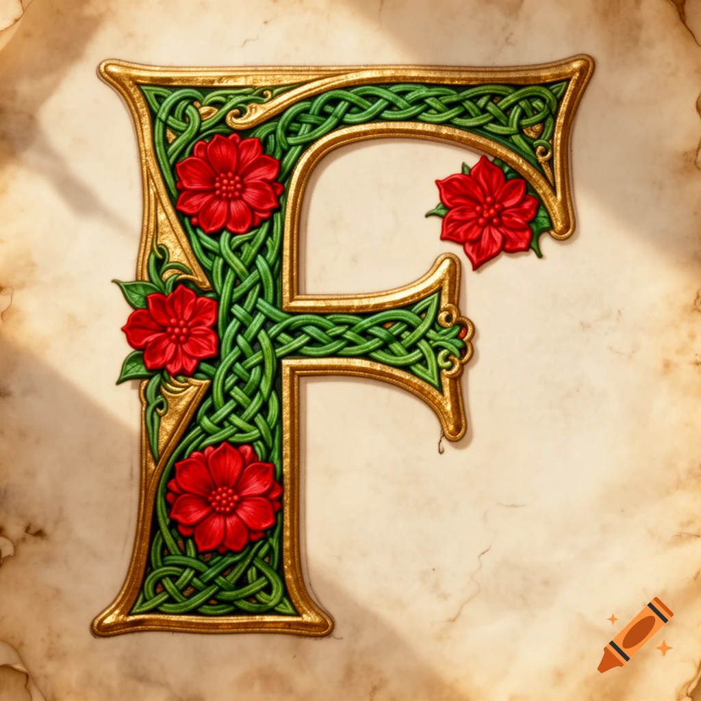 Ornate gold initial letter F with green knotwork and red flowers on a parchment background, in the style of an illuminated manuscript.