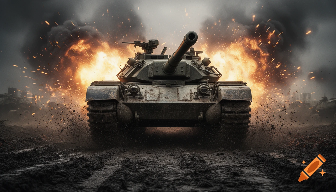 A highly detailed military tank charges through mud and smoke with explosions and fire sparks in a cinematic war zone.