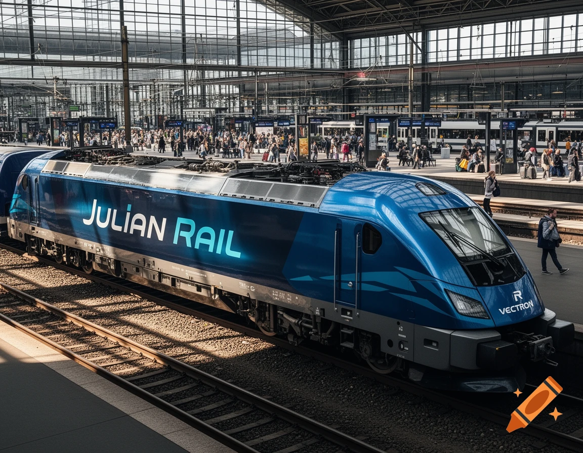 A photorealistic image of a blue and grey Julian Rail Vectron train at a bustling train station.