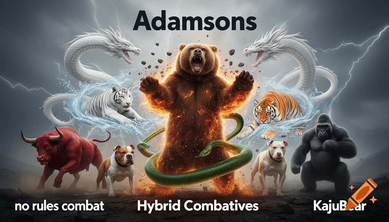 A dramatic fantasy image featuring a fiery bear, red bull, pitbulls, gorilla, water tigers, and lightning dragons, with text 'Adamsons', 'Hybrid Combatives', 'no rules combat', and 'KajuBear'.