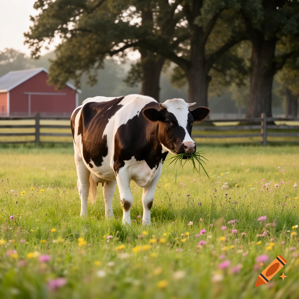 A black and white cow grazes in a wildflower-filled green pasture with a red barn and trees in the background.