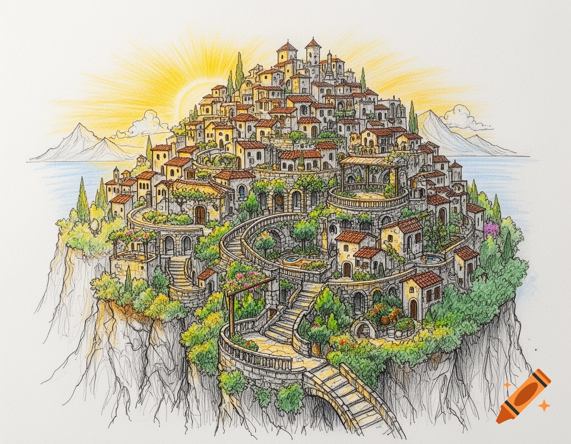 Hand-drawn illustration of an enchanting Mediterranean fantasy city built vertically into cliffs, with houses, stairs, and gardens under warm sunlight.