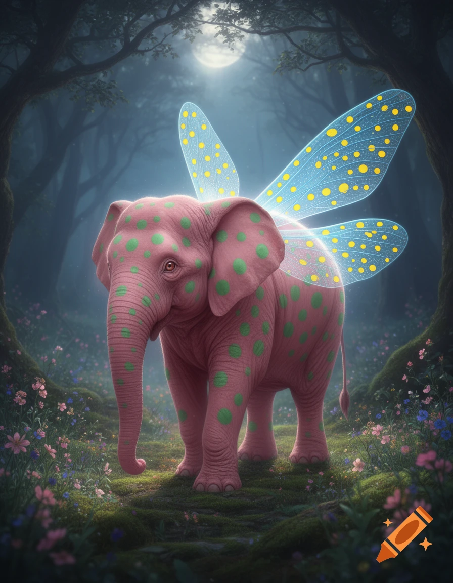 A pink elephant with green polka dots and blue dragonfly wings with yellow dots stands in a moonlit magical forest.