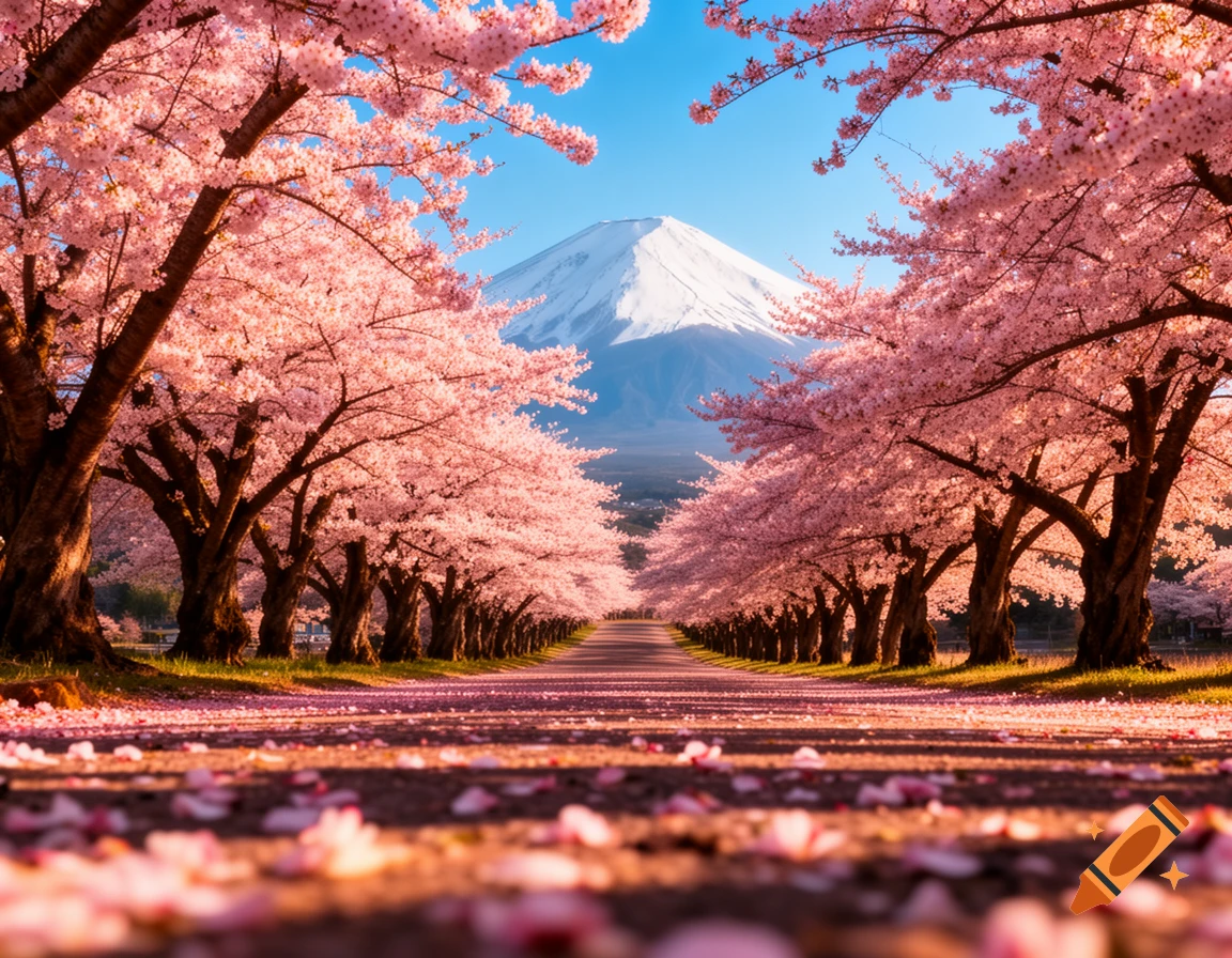 A vibrant cherry blossom avenue leads to the snow-capped Mount Fuji under a clear blue sky, with pink petals on the ground.