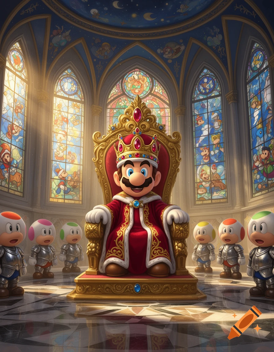 King Mario sits on an ornate golden throne in a grand hall with stained glass windows, flanked by armored Toads.