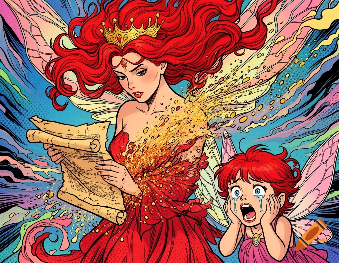 A red-haired fairy queen in a gold crown reads a scroll as she begins to disintegrate, next to a screaming child fairy, in comic book pop art style.