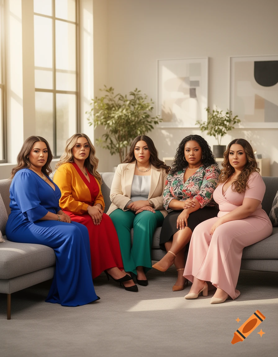 Five women of diverse body types sit side-by-side on a gray couch in a bright, modern living room, looking at the viewer. Photorealistic style.