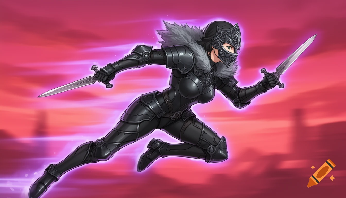 Anime-style female rogue in black armor and metal mask, dashing with daggers against a pink and red background with purple light.