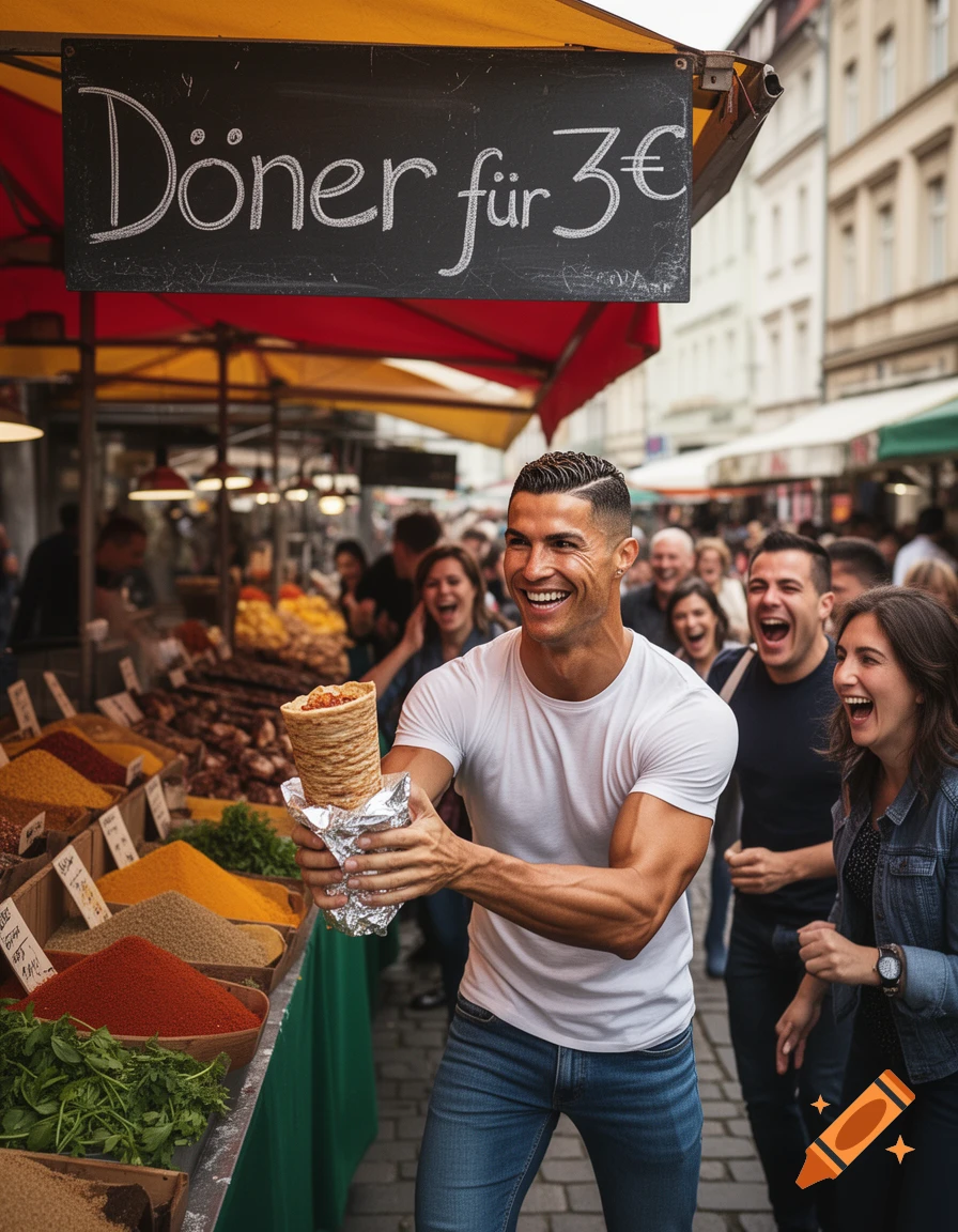 Photorealistic image of Cristiano Ronaldo smiling and holding a döner kebab at a vibrant outdoor market, surrounded by laughing people.