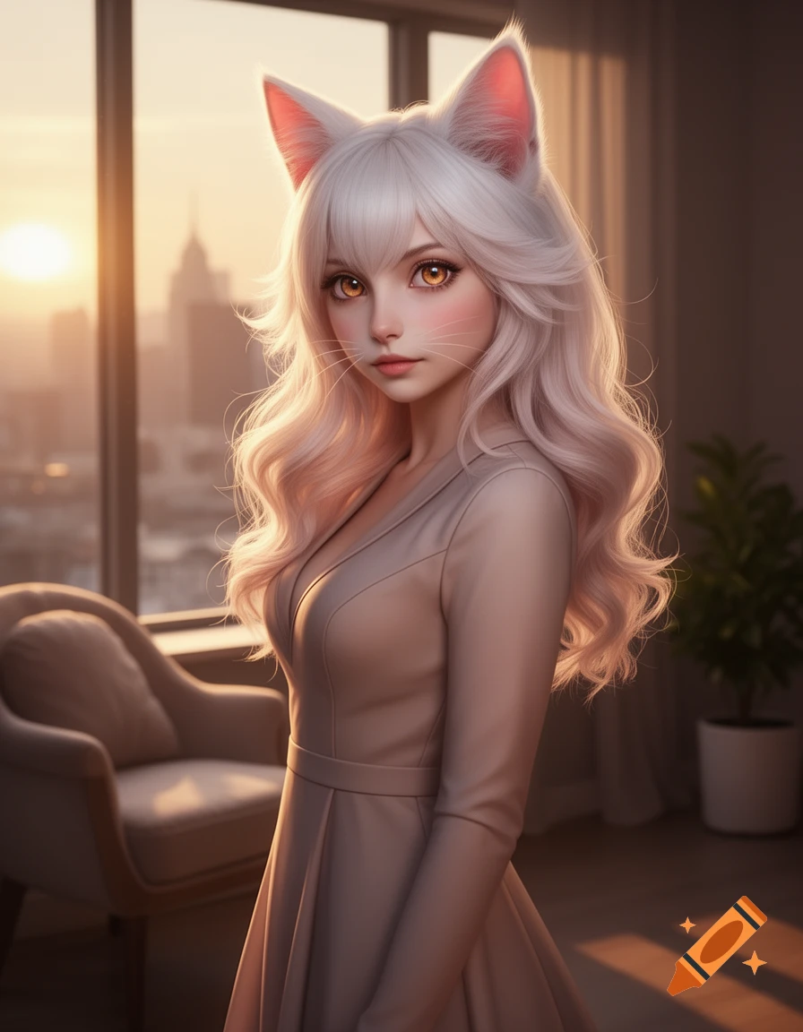 A beautiful anime-style cat girl with white hair and cat ears, wearing a beige dress, stands by a window overlooking a city sunset.