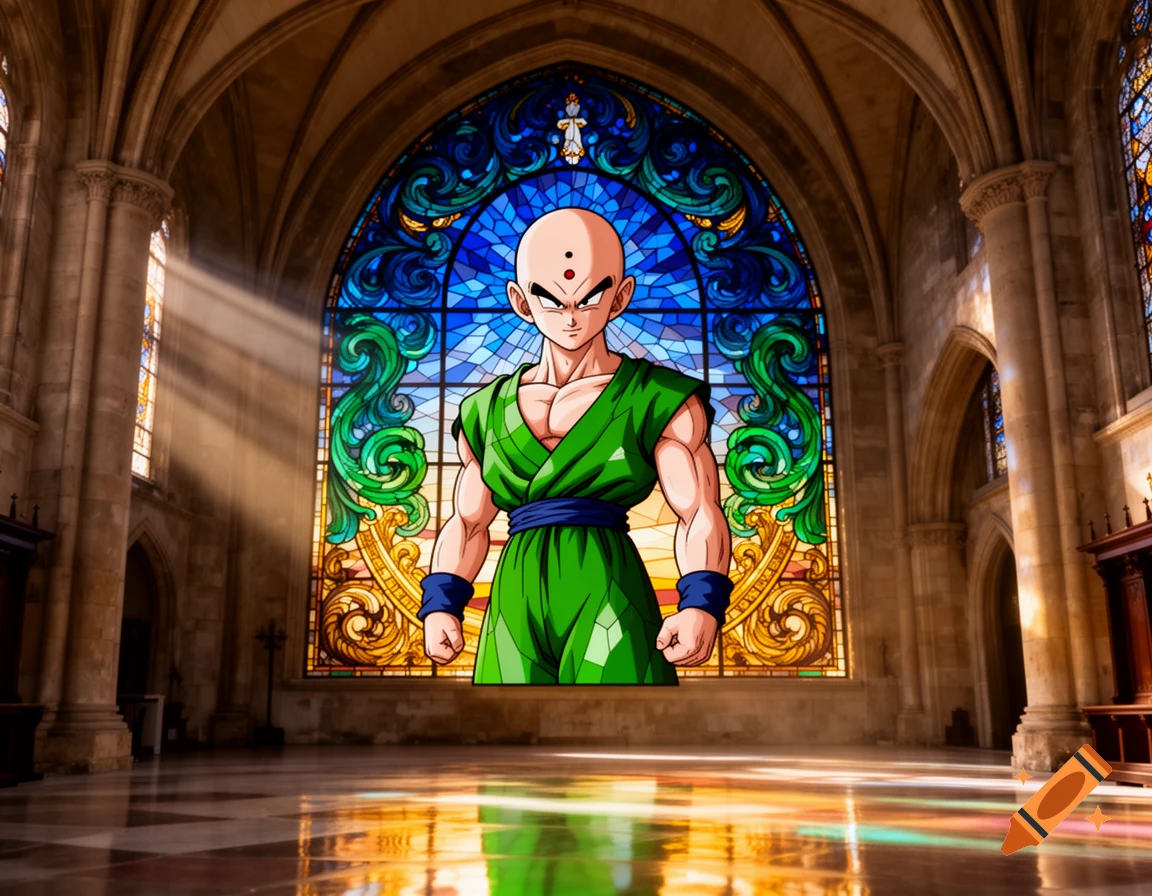 Tien Shinhan, rendered in a stained glass anime style, stands in a brightly lit church with ornate stained glass windows.