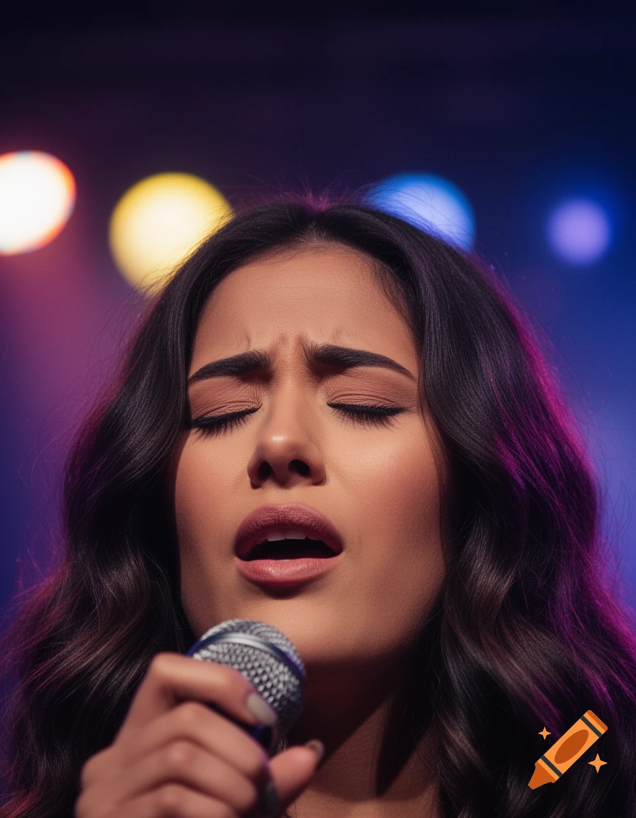 A woman with dark hair sings passionately into a microphone on stage, illuminated by colorful lights.