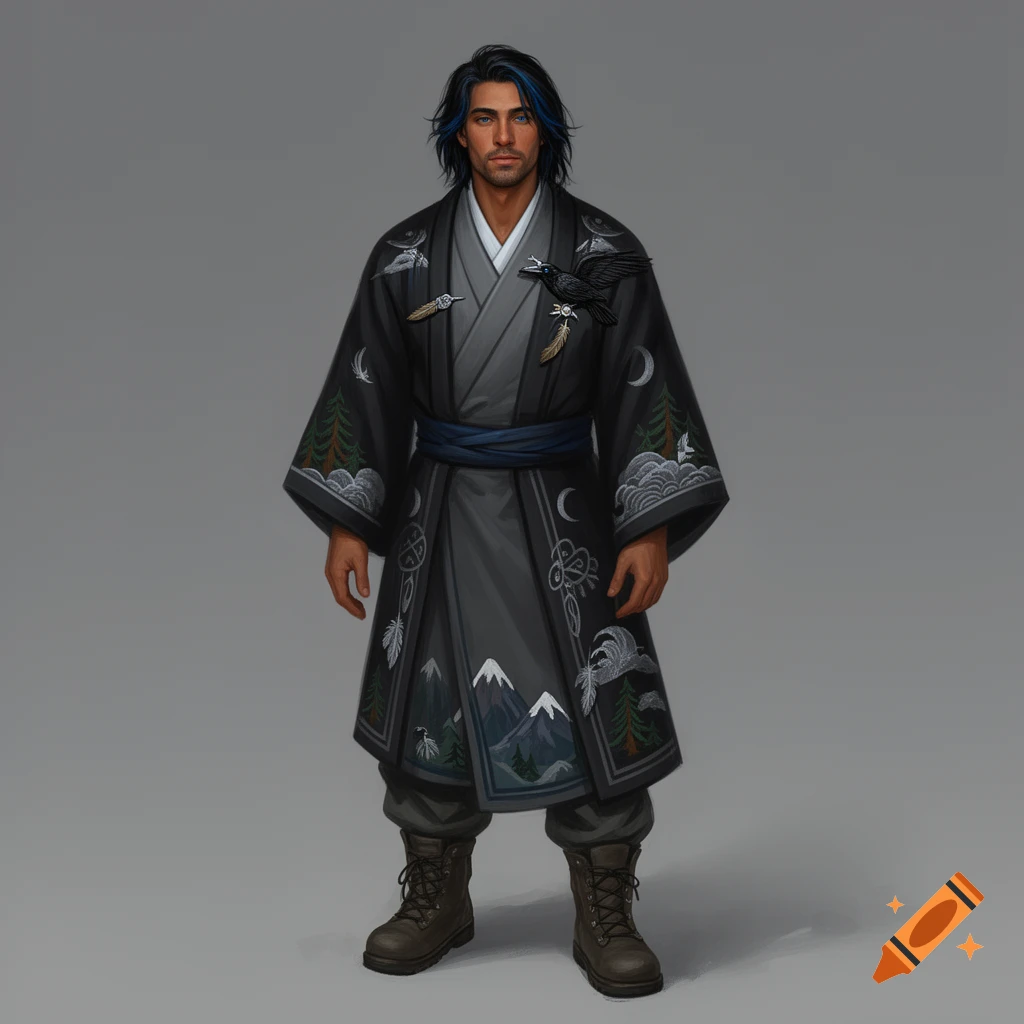 An illustration of a man with dark hair and blue streaks, wearing a black kimono-style robe decorated with moons, mountains, pine trees, feathers, and a raven.