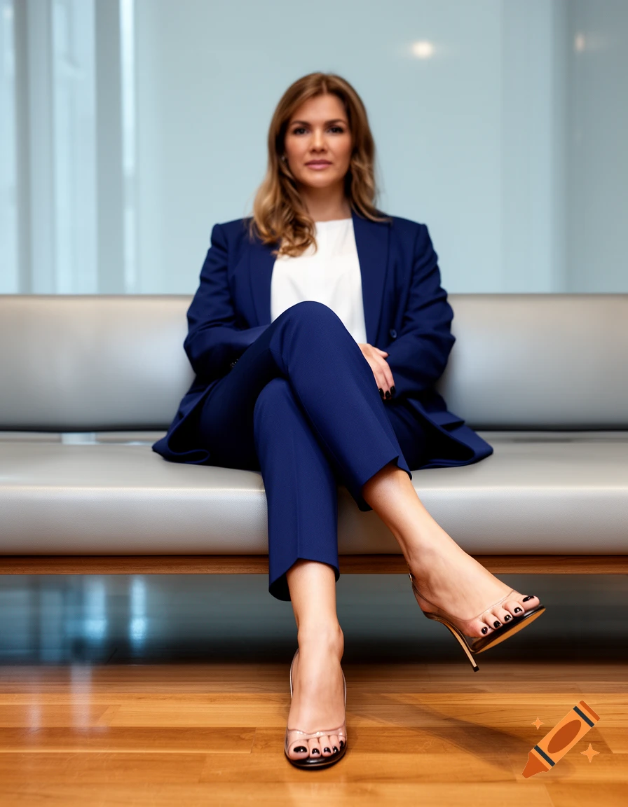 A woman in a navy suit and open-toed heels sits on a couch, legs crossed at the ankle.
