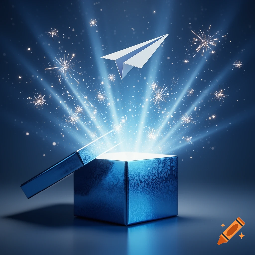 An open blue gift box emits bright blue light and sparkles as a white paper plane flies above it in a dark blue setting.