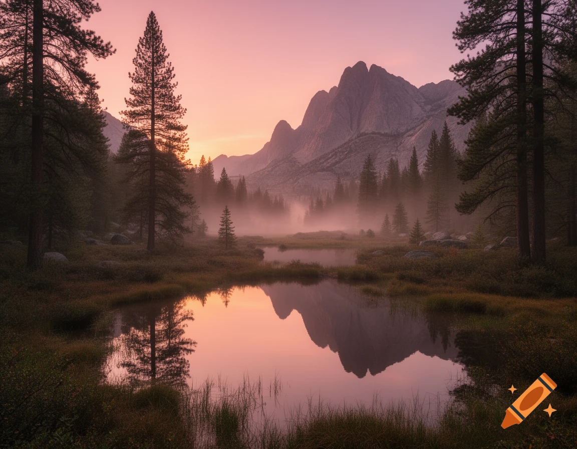 Photorealistic landscape of misty mountains and pine forest reflecting in a calm lake under a pink sky.