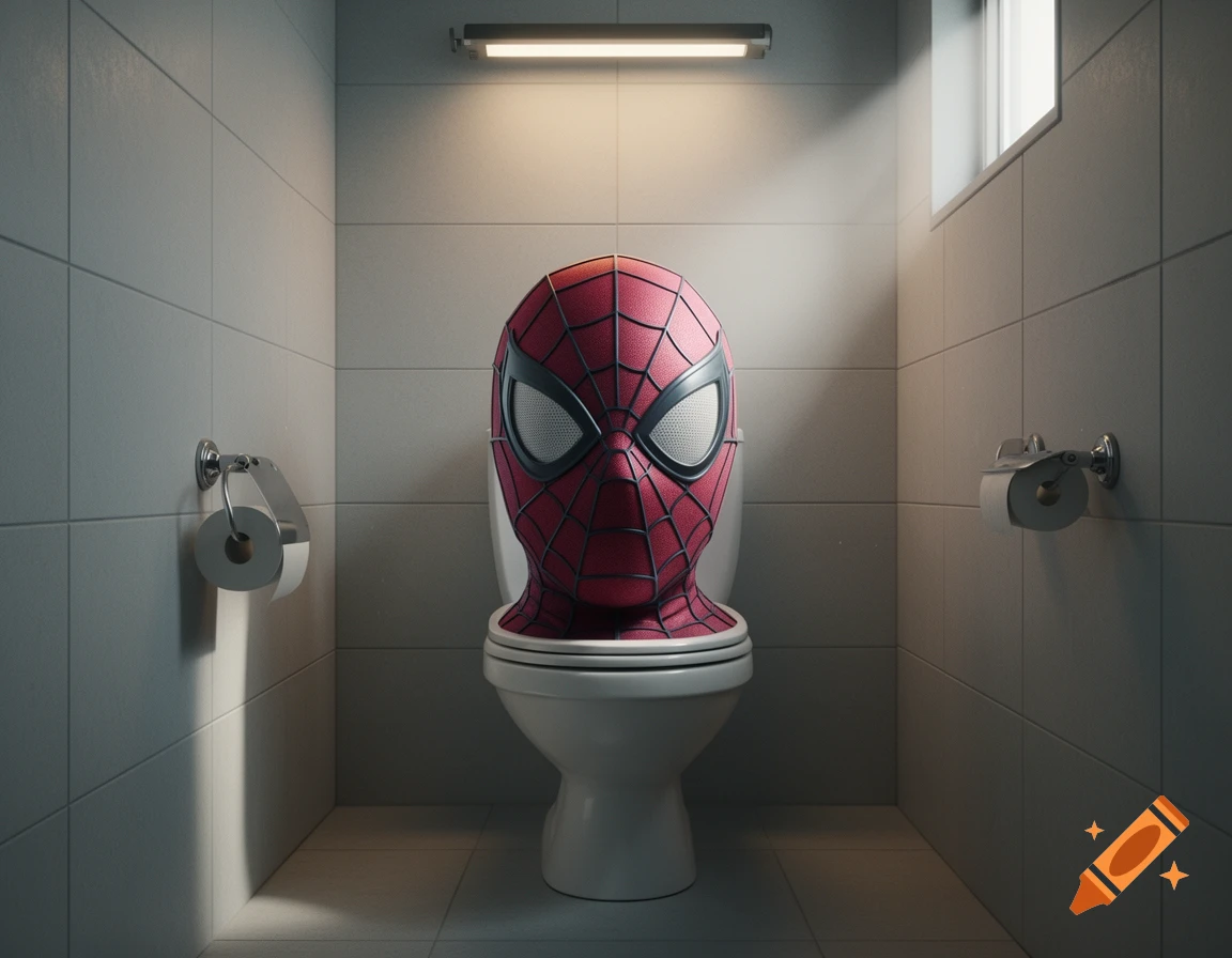 A Spiderman mask sits on a toilet in a tiled bathroom, lit by a single overhead light.