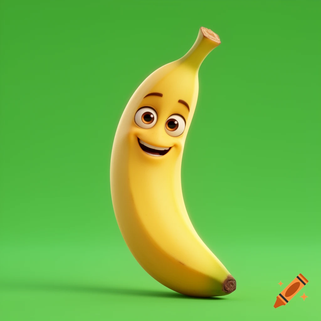 A cute 3D animated banana character with big expressive eyes and a smiling mouth stands on a bright green background, Pixar style.