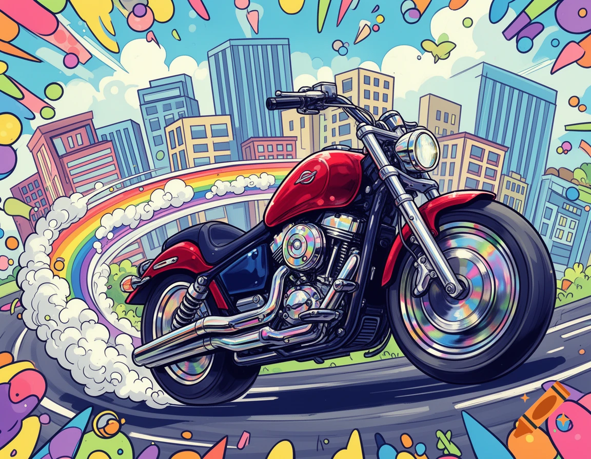 A red cartoon motorcycle leans on a city street, leaving a rainbow smoke trail amidst colorful abstract shapes and buildings.