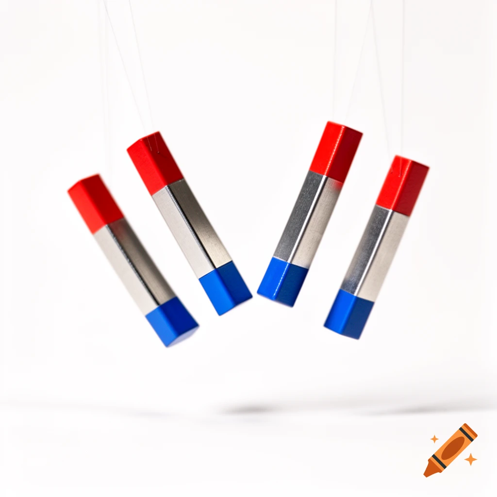 Four red, silver, and blue bar magnets float against a clean white background.