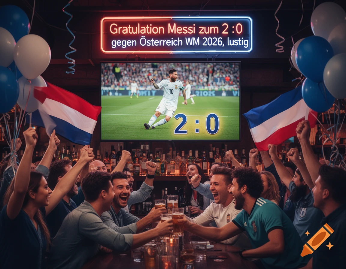 Excited fans cheer and toast in a bar, watching Messi play soccer on a large screen, decorated with flags and balloons.