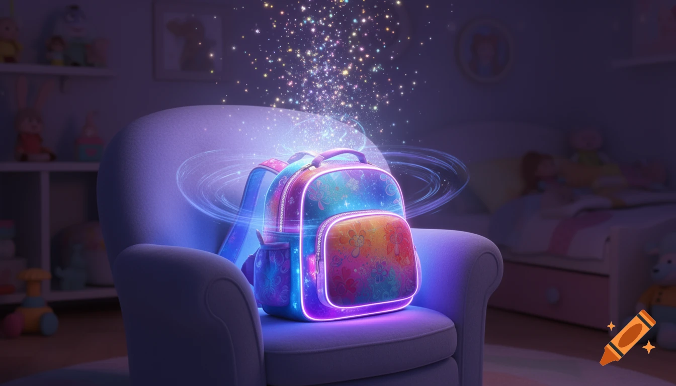 A colorful, glowing magical backpack sits on a chair in a cozy kid's bedroom, emitting blue and purple light and sparkles.