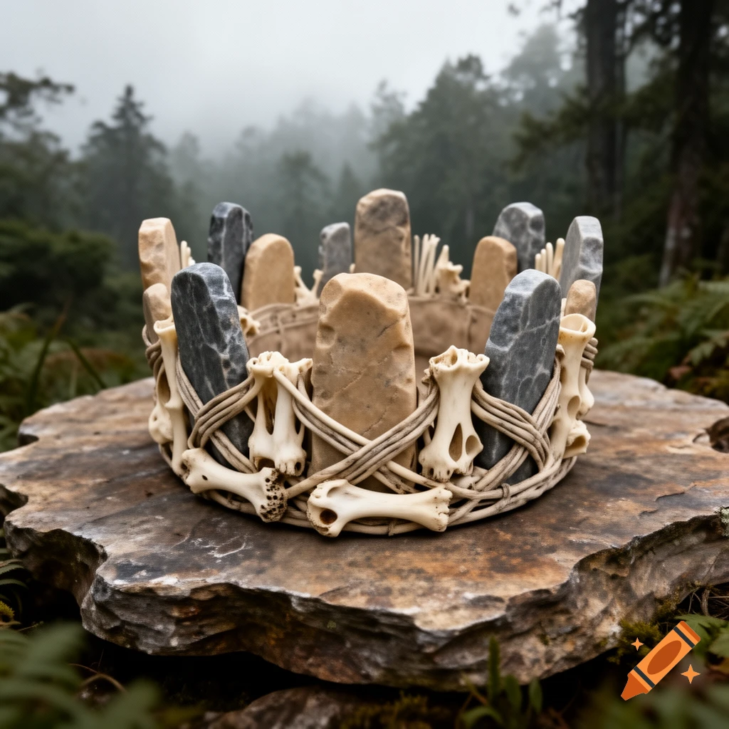 A crown made of rough stones and animal bones, wrapped in cord, sits on a flat rock in a misty forest.