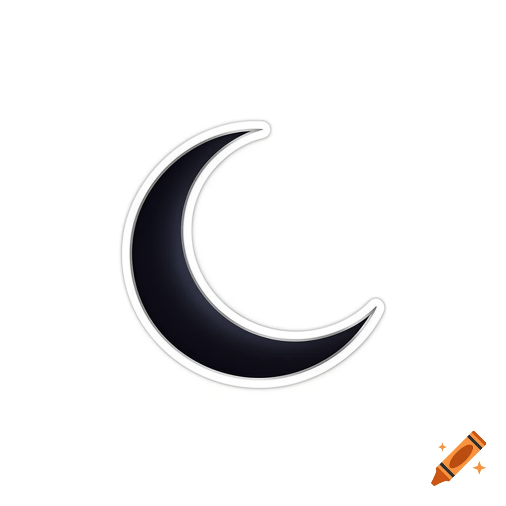 A black crescent moon with a thin white outline, depicted in a sticker style on a pure white background.