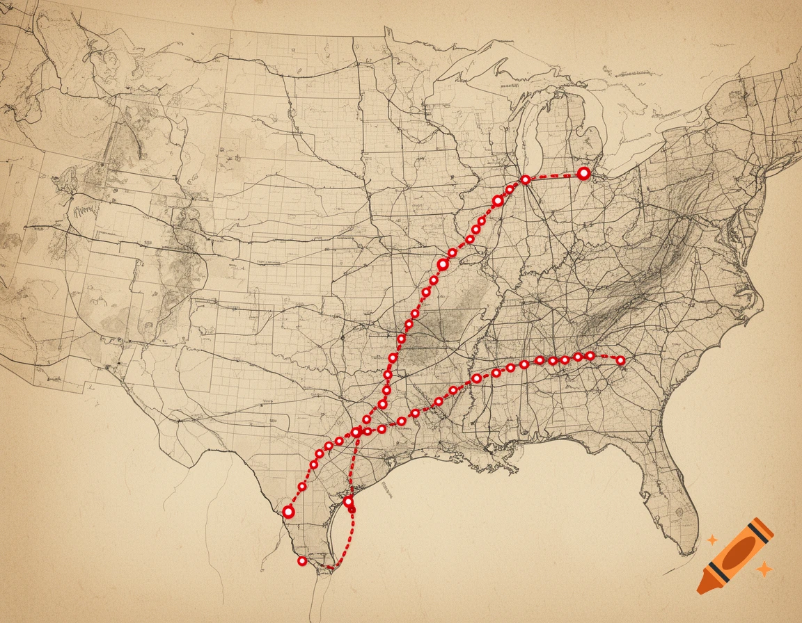 A vintage-style map of the United States with red dots forming two distinct driving routes across the southern states.