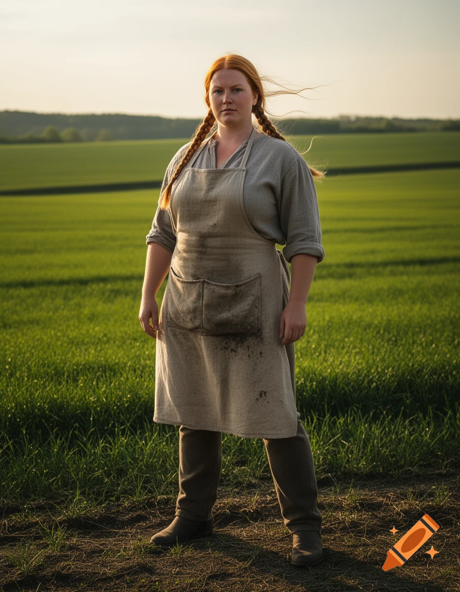 Photorealistic portrait of a red-haired woman with braided pigtails, wearing a dirty apron over peasant clothes, standing in a green field at sunset.