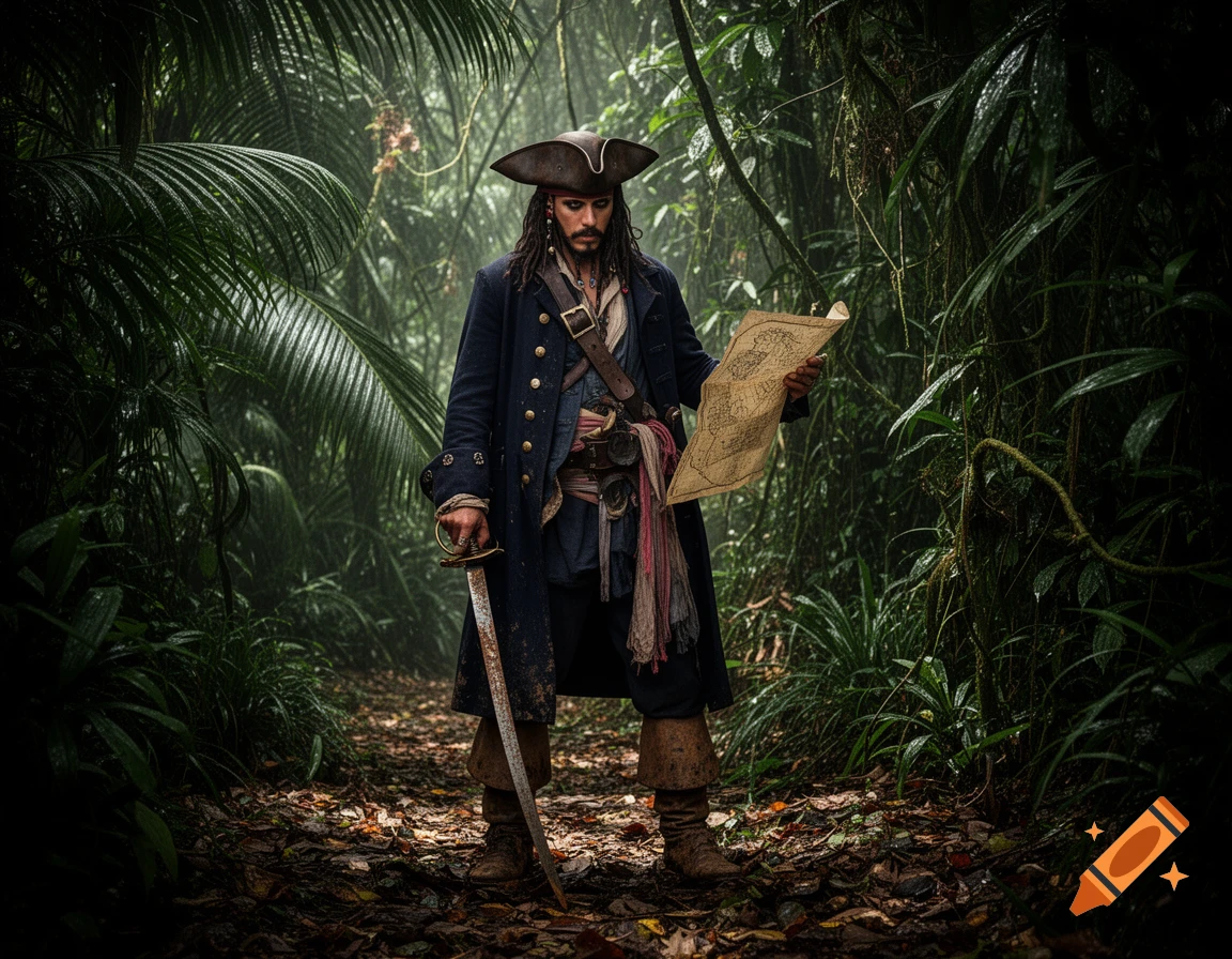 A photorealistic pirate in a dark, lush jungle holds a sword and an old map with illegible text.