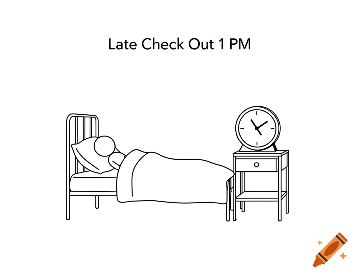 Black and white line drawing of a sleeping figure in bed next to a nightstand with a clock showing 1 PM. Text reads 'Late Check Out 1 PM'.