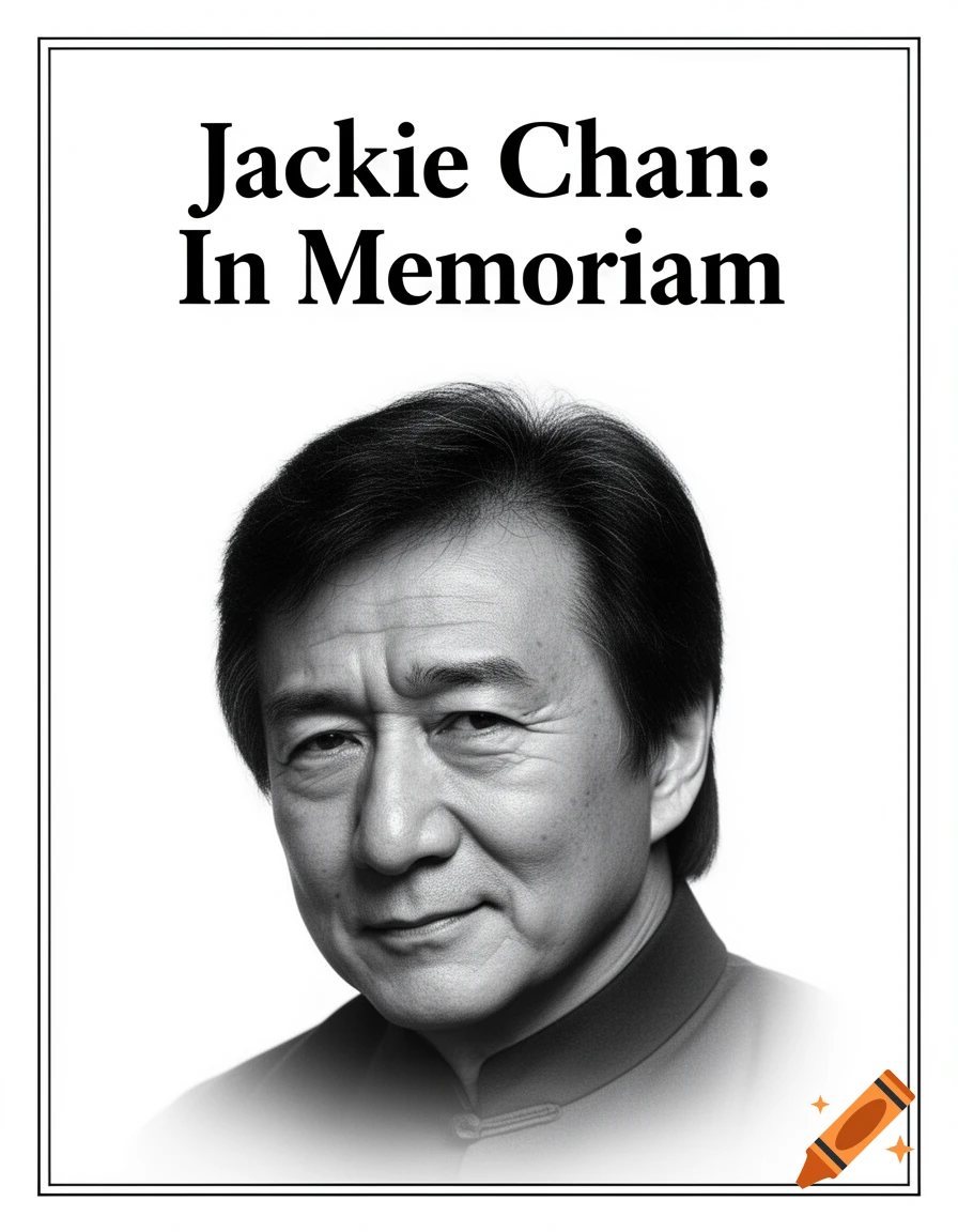 Photorealistic black and white portrait of Jackie Chan with the text "Jackie Chan: In Memoriam" above him.