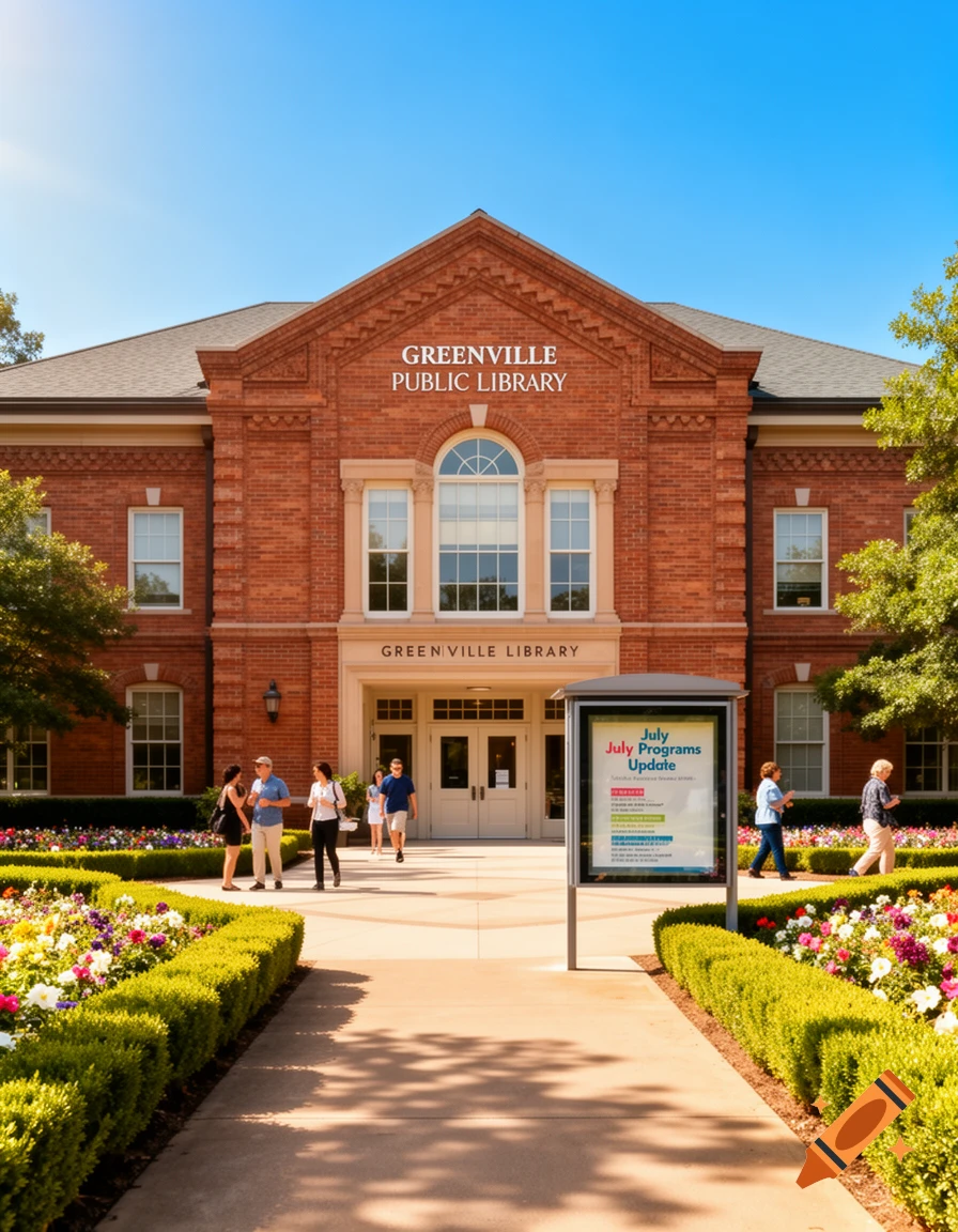 A photorealistic image of a red brick Greenville Public Library building with arched windows, surrounded by vibrant flower gardens and people walking on a sunny day.
