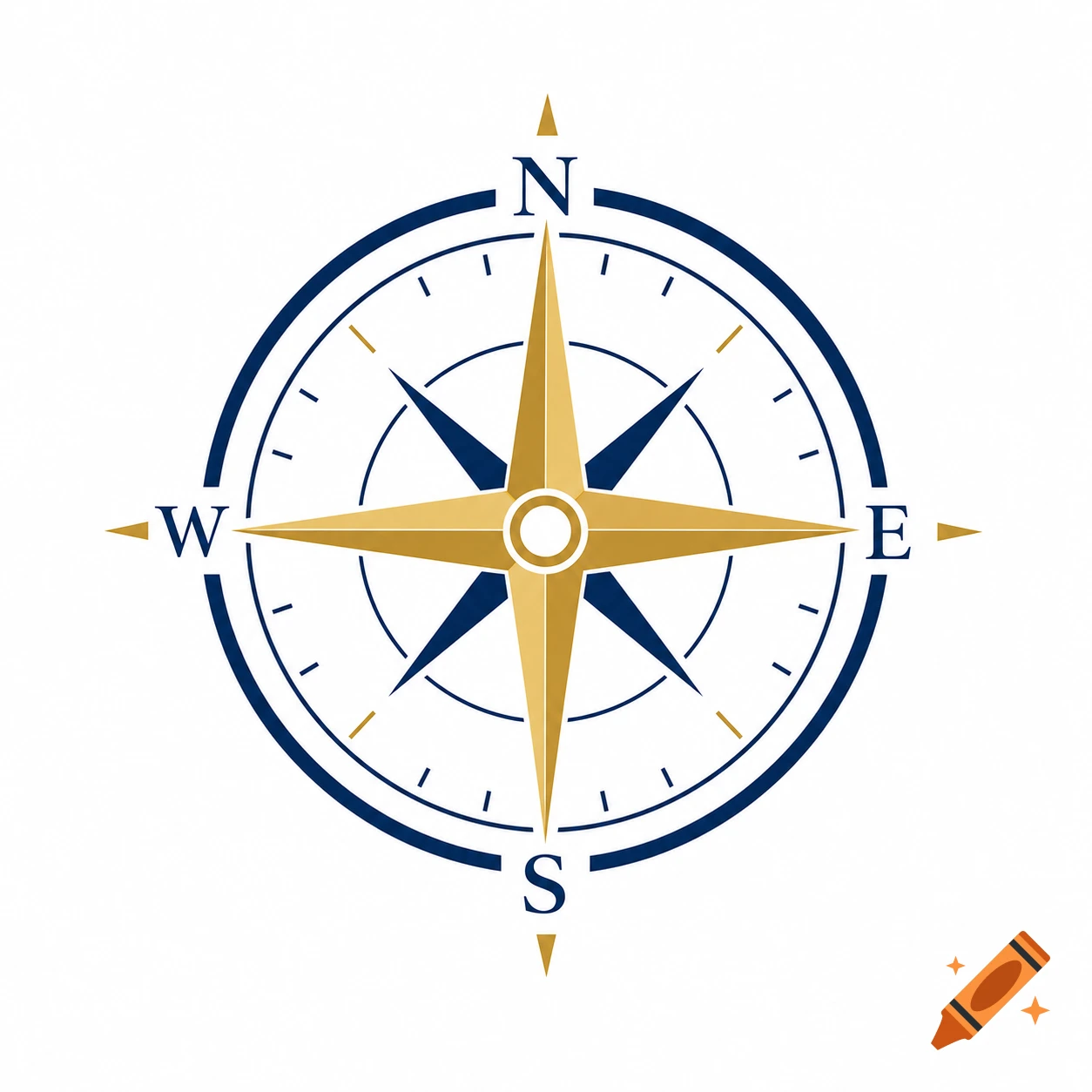 A clean graphic of a compass rose in navy blue and gold with N, E, S, W indicated.