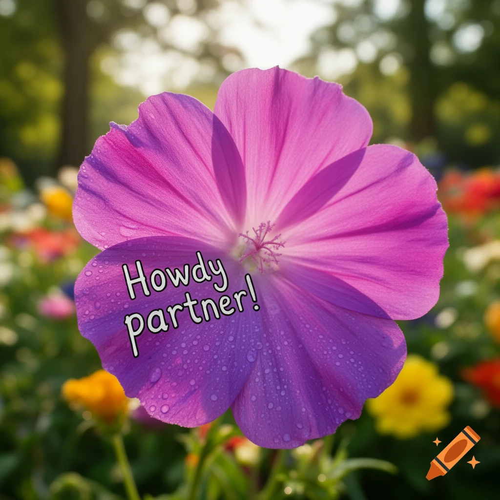 A vibrant purple flower covered in water droplets features the text "Howdy partner!" in a garden setting.