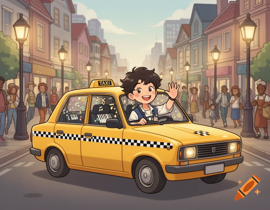 A cheerful cartoon boy with dark curly hair drives a yellow taxi on a city street, waving. People walk past buildings in the background.