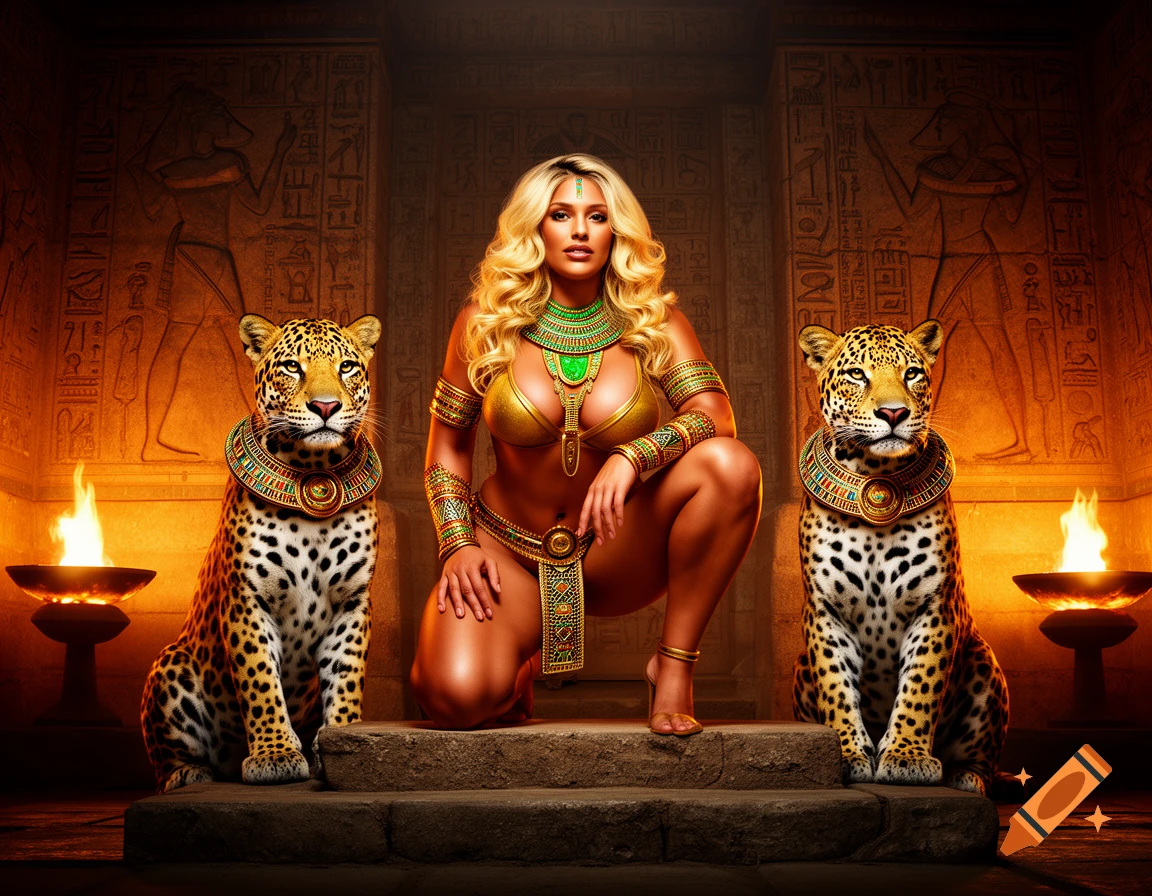 Blonde woman in golden Egyptian attire crouches between two jaguars in a dimly lit temple with hieroglyphs.