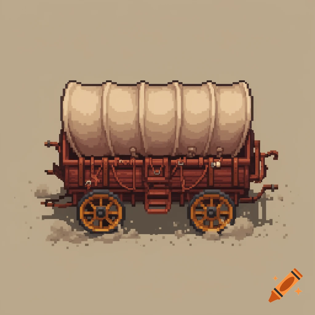A pixel art covered wagon with a brown base and cream canvas cover, on dusty ground.