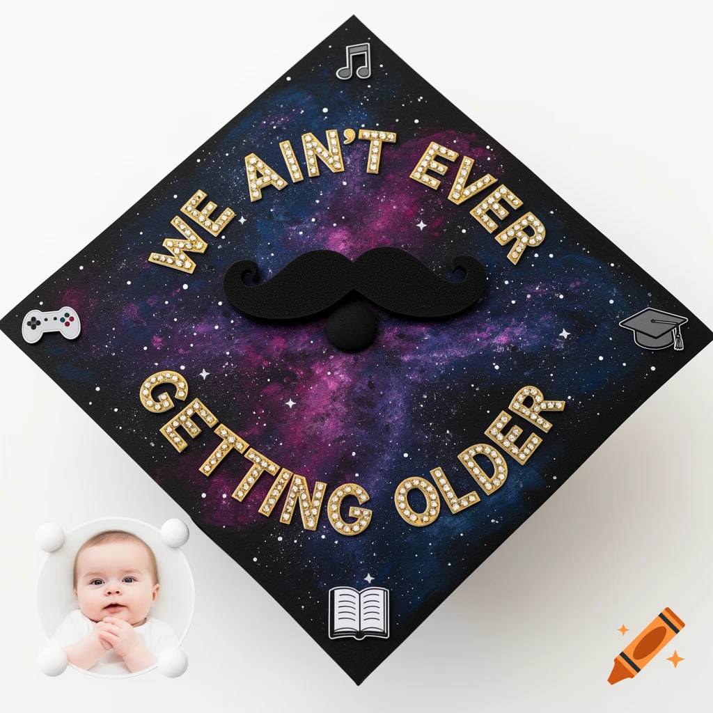 Top-down view of a galaxy-painted graduation cap with a mustache, bedazzled text "WE AIN'T EVER GETTING OLDER", icons, and a baby photo.