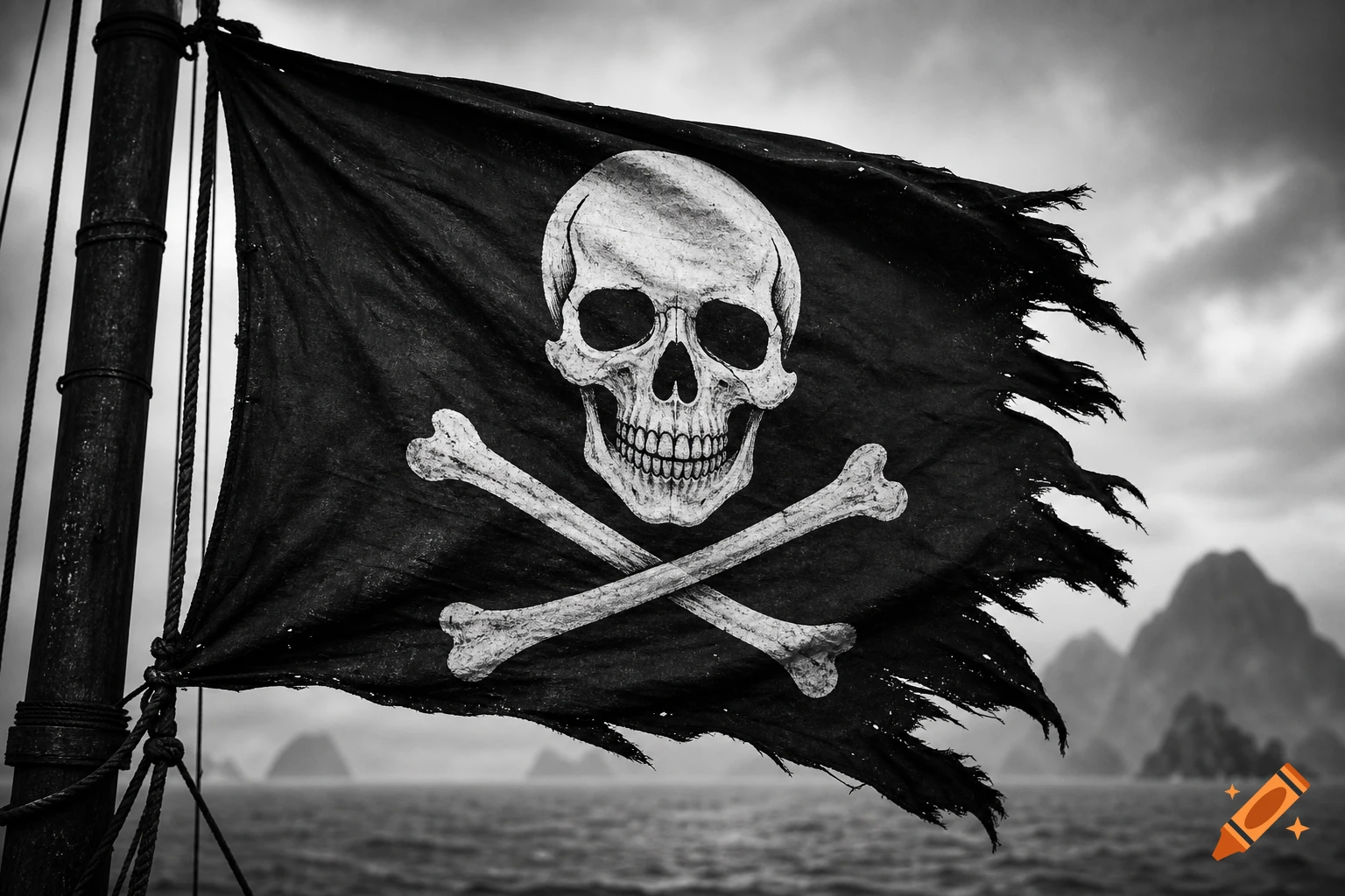 A tattered black and white pirate flag with a skull and crossbones waves from a ship's mast above a cloudy sea and distant mountains.