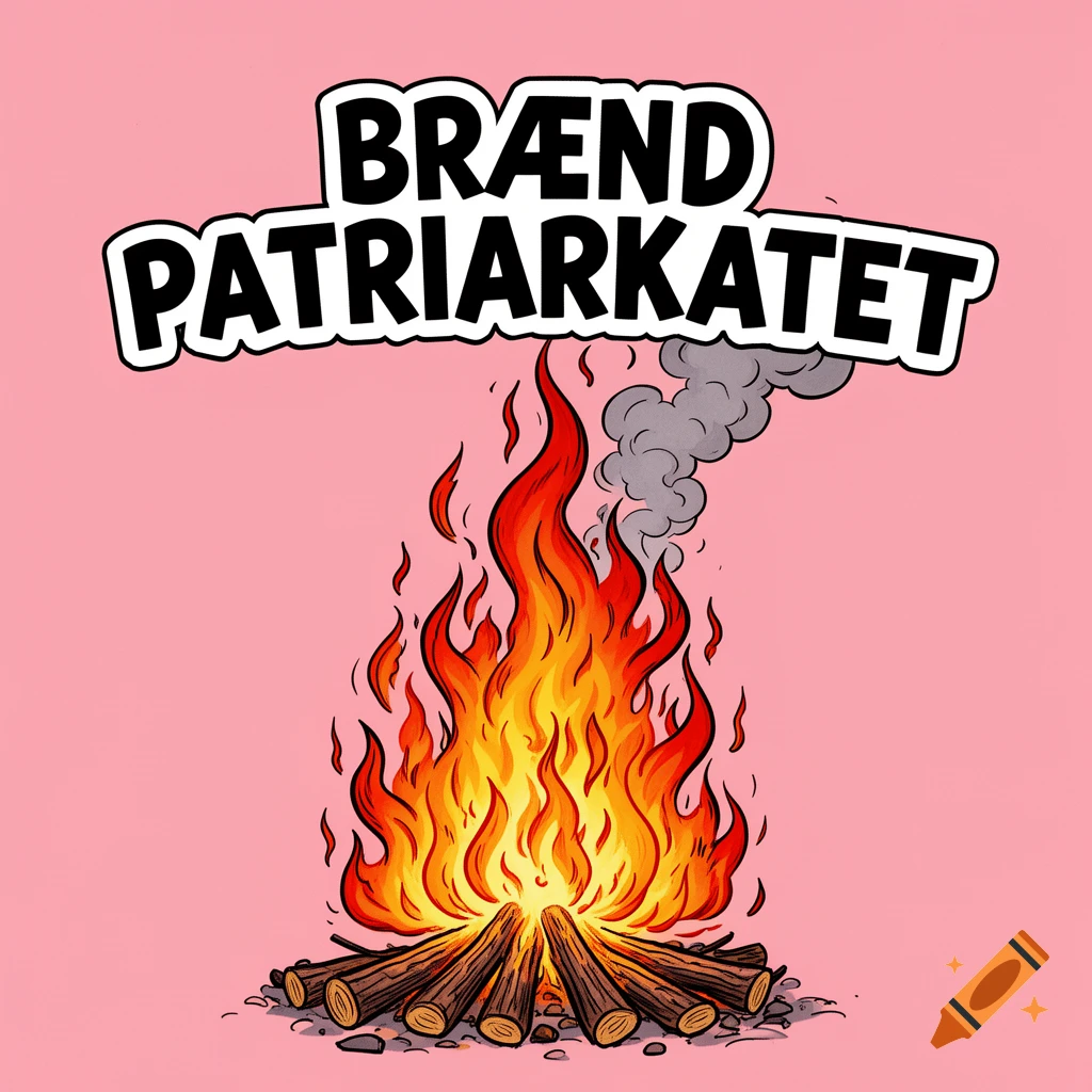 Cartoon illustration of a bonfire with the text 'BRÆND PATRIARKATET' (Burn the patriarchy) on a pink background.
