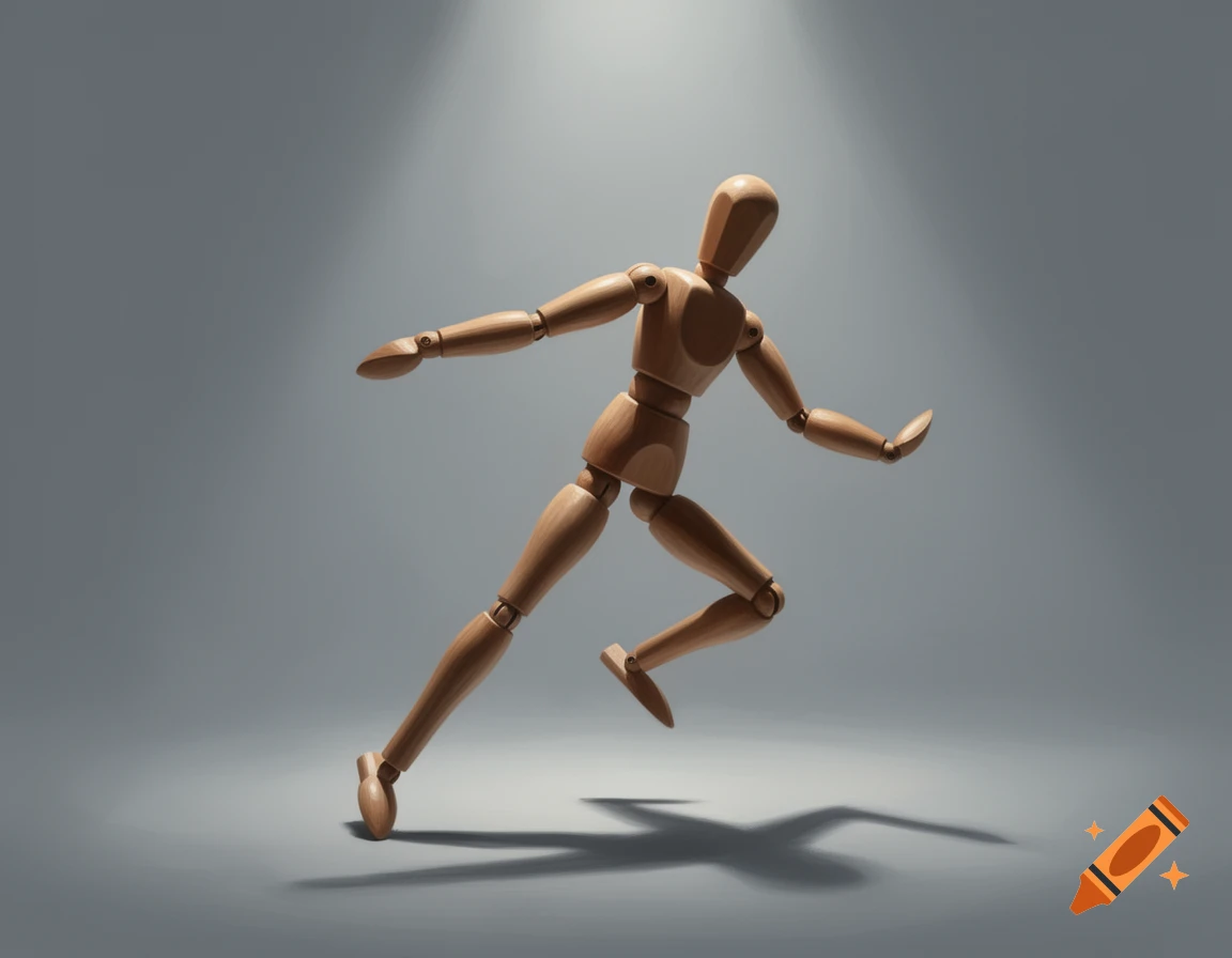 A wooden artist's mannequin is posed in a running motion, under a spotlight on a gray background, casting a shadow.