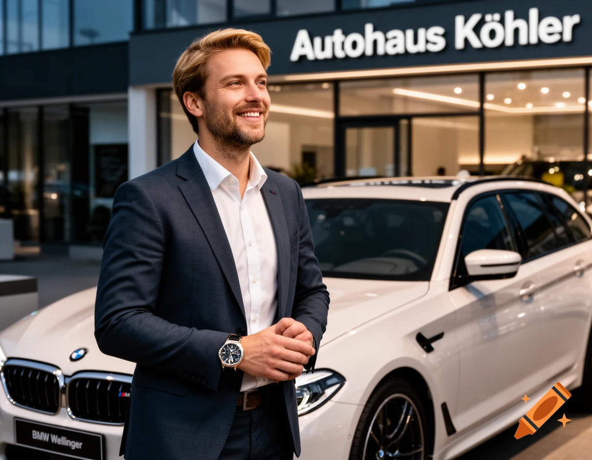 A smiling man in a suit stands in front of a white BMW car at a dealership, "Autohaus Köhler" sign visible. Photorealistic.