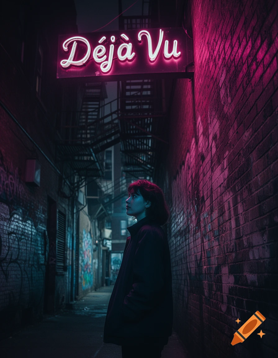 A person in a dark urban alley under a glowing pink neon sign that reads "Déjà Vu", with graffiti on the brick walls.