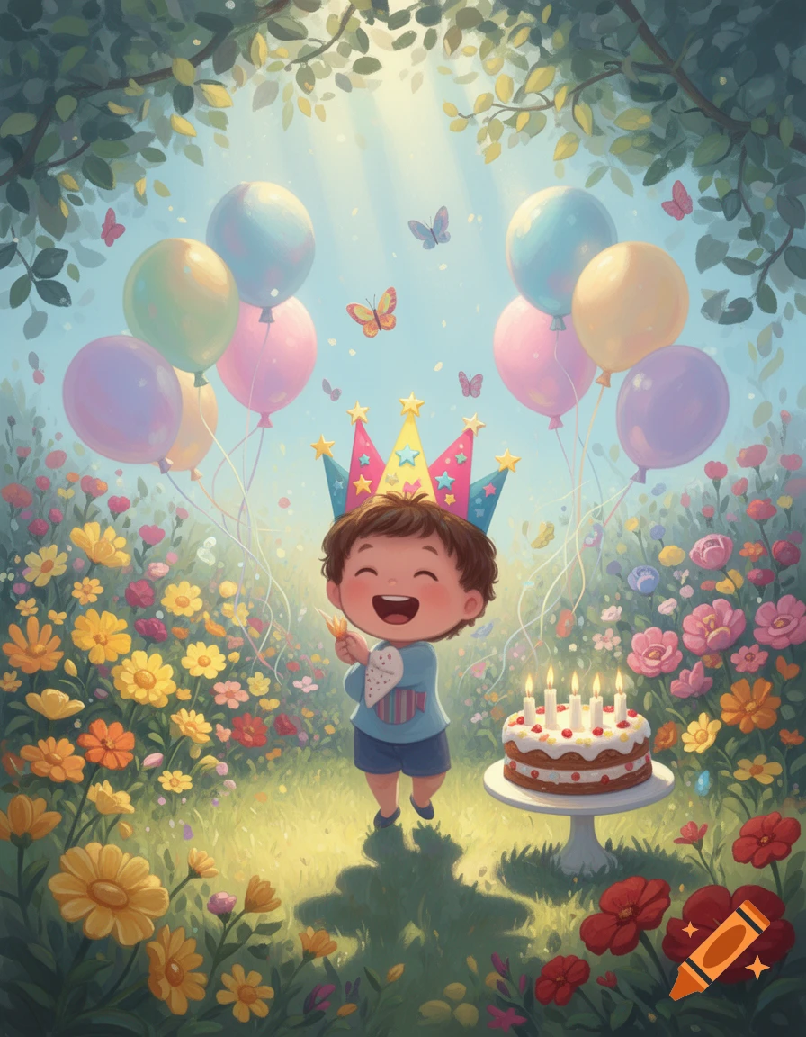 A cheerful child in a party hat smiles beside a birthday cake with candles, surrounded by colorful balloons and flowers in an outdoor illustration.