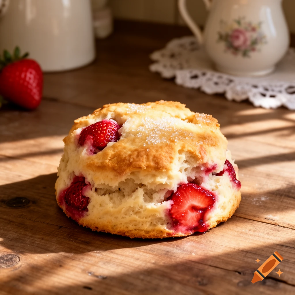Photorealistic close-up of a strawberry biscuit sprinkled with sugar on a wooden table, with a strawberry and teaware.