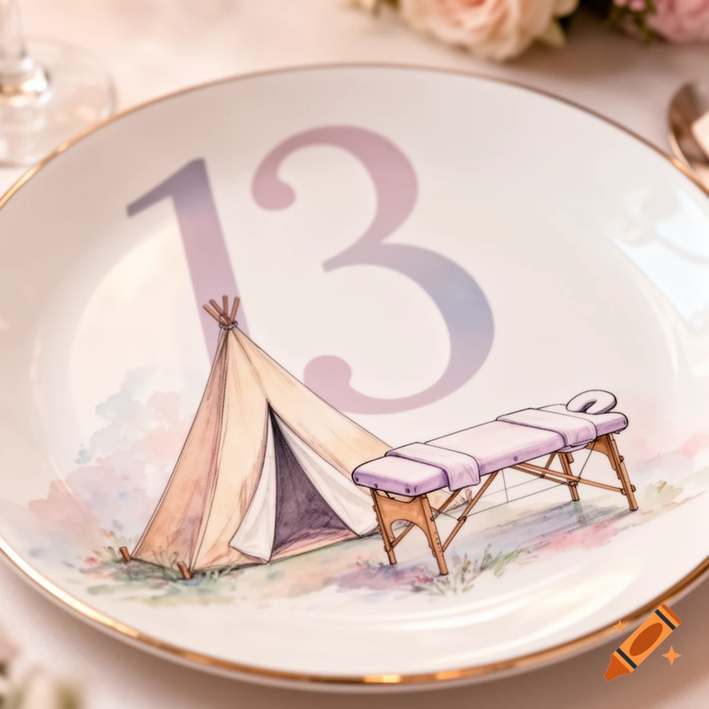 A decorative white plate with a large number 13, a small tent, and a massage table illustrated in a watercolor style.